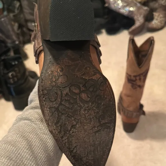Brown Heeled Boots with Distressed Leather and Harness Details