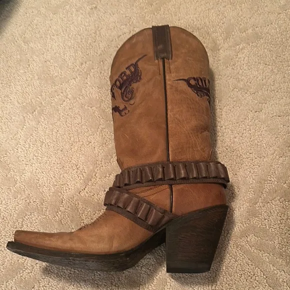 Brown Heeled Boots with Distressed Leather and Harness Details