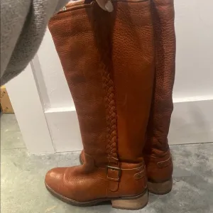 Brown Knee High Leather Boots with Stacked Heel
