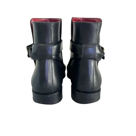 Burberry Black Leather Womens Ankle Boots with Gold Buckle Size 8.5