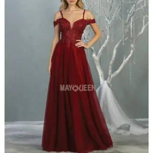 Burgundy blue gold pink, off the shoulder lace applique long gown