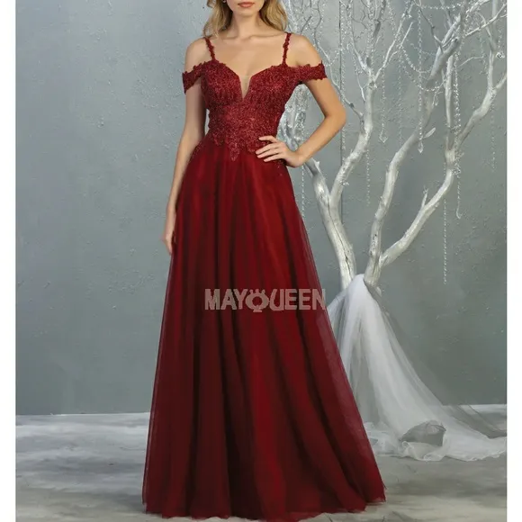 Burgundy blue gold pink, off the shoulder lace applique long gown