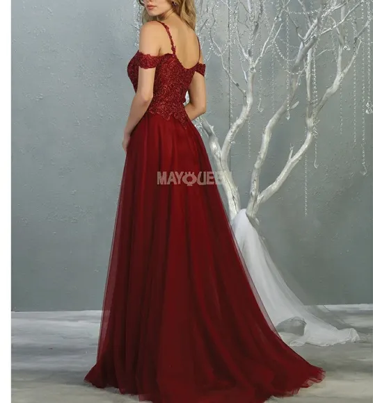 Burgundy blue gold pink, off the shoulder lace applique long gown