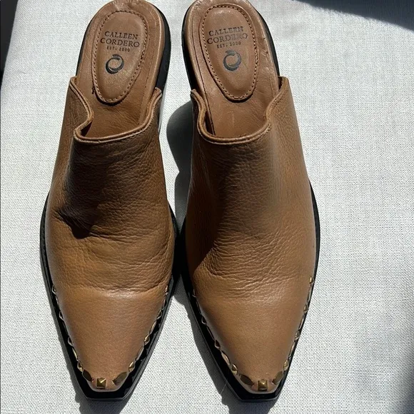 Calleen Cordero Women's camel gold studded Leather Mules. Versatile and stylish!