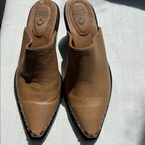Calleen Cordero Women's camel gold studded Leather Mules. Versatile and stylish!