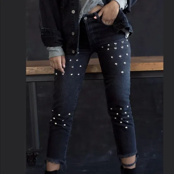 CARMAR Studded jeans black denim HIGH Waisted silver studs jean 26 sweetheart LF