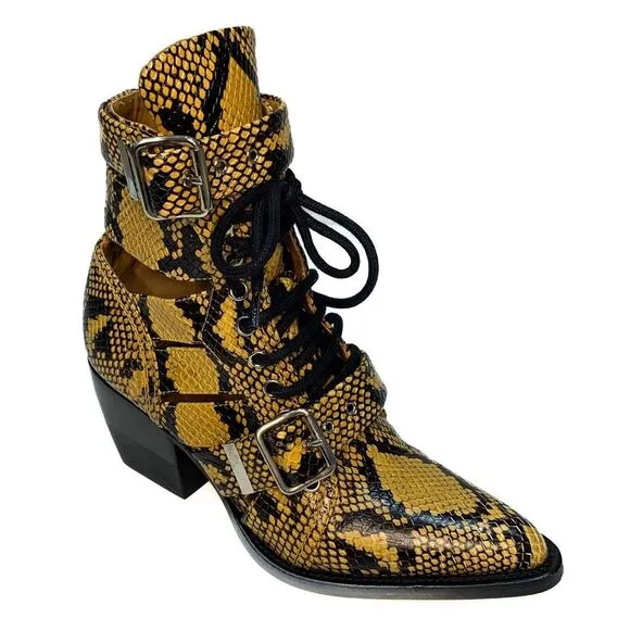Chloe Python Embossed Leather Rylee Ankle Boots EU 37 US 7 Lace up Cutout Bootie