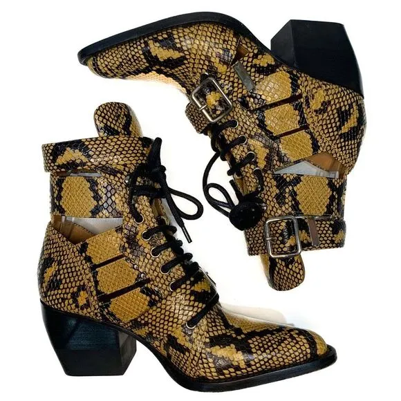 Chloe Python Embossed Leather Rylee Ankle Boots EU 37 US 7 Lace up Cutout Bootie