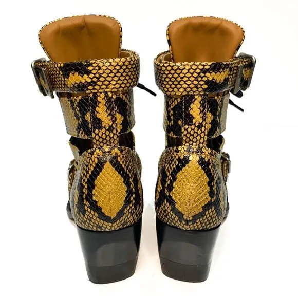 Chloe Python Embossed Leather Rylee Ankle Boots EU 37 US 7 Lace up Cutout Bootie
