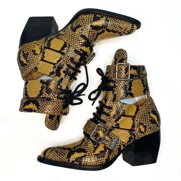 Chloe Python Embossed Leather Rylee Ankle Boots EU 37 US 7 Lace up Cutout Bootie