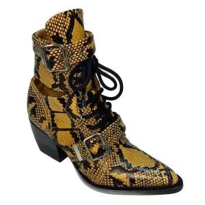 Chloe Python Embossed Leather Rylee Ankle Boots EU 37 US 7 Lace up Cutout Bootie