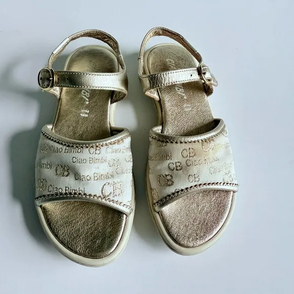 Ciao Bimbi Girls Glamour Gold Leather Sandals Sz 29 Made Italy Adjustable Strap