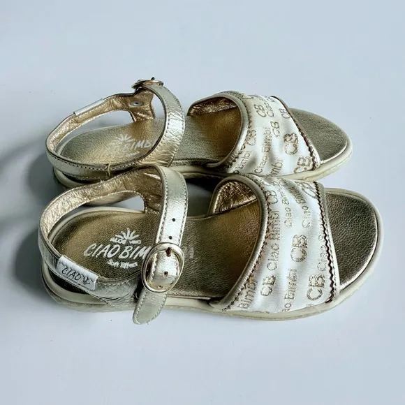 Ciao Bimbi Girls Glamour Gold Leather Sandals Sz 29 Made Italy Adjustable Strap