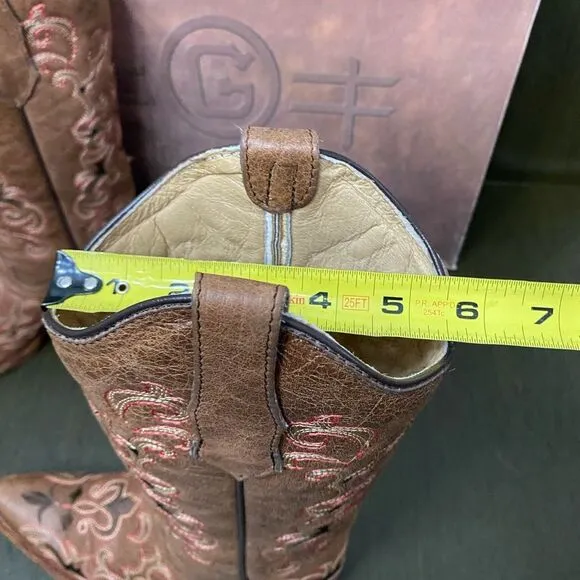 Circle H Brown Distressed Bone Dragon Embroidered Western Leather Boots Size 6.5