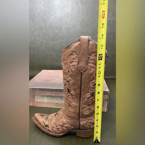 Circle H Brown Distressed Bone Dragon Embroidered Western Leather Boots Size 6.5