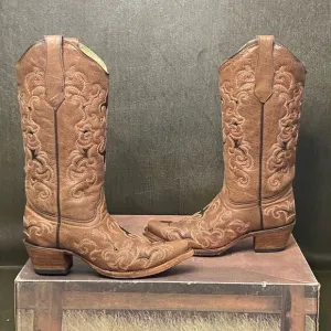 Circle H Brown Distressed Bone Dragon Embroidered Western Leather Boots Size 6.5