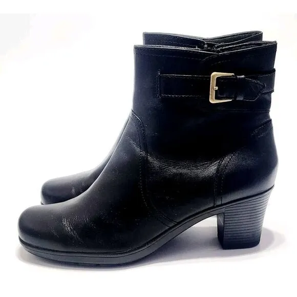 Clarks Dream Harmony Zip Ankle Black Leather Block Heel Boots Womens Size US 11M