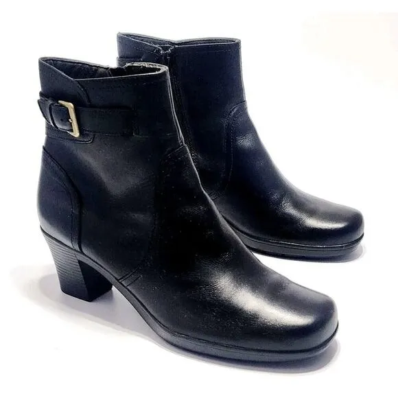 Clarks Dream Harmony Zip Ankle Black Leather Block Heel Boots Womens Size US 11M