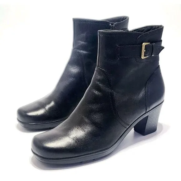 Clarks Dream Harmony Zip Ankle Black Leather Block Heel Boots Womens Size US 11M