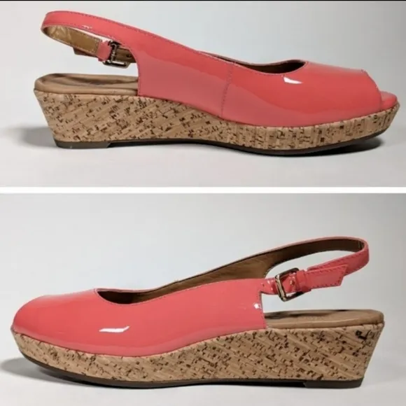 Clarks Orlena Currant Patent Leather Cork Wedge Sandal Sling Back Coral 6.5 NWOT