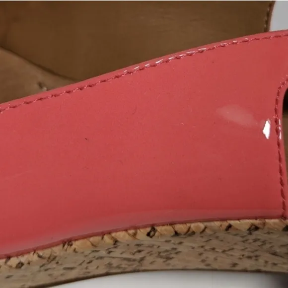 Clarks Orlena Currant Patent Leather Cork Wedge Sandal Sling Back Coral 6.5 NWOT