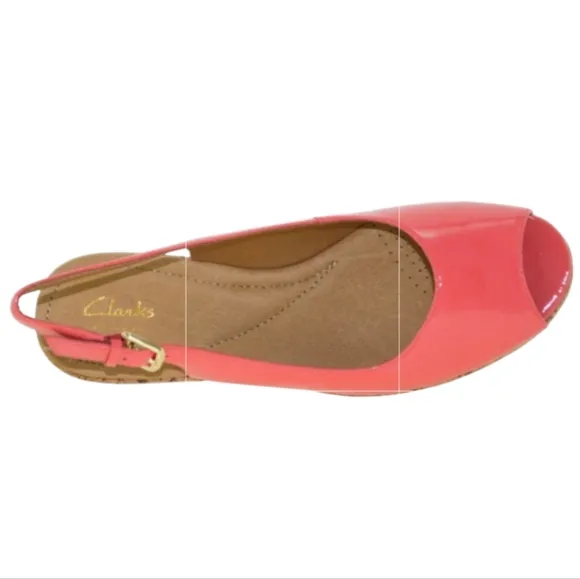 Clarks Orlena Currant Patent Leather Cork Wedge Sandal Sling Back Coral 6.5 NWOT