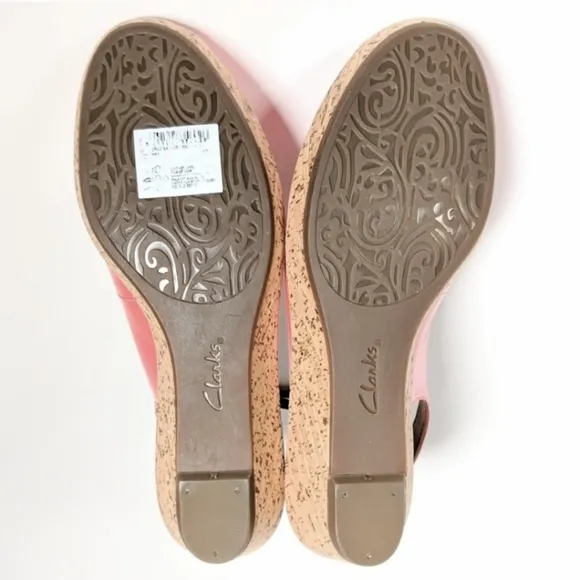 Clarks Orlena Currant Patent Leather Cork Wedge Sandal Sling Back Coral 6.5 NWOT