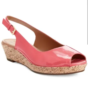 Clarks Orlena Currant Patent Leather Cork Wedge Sandal Sling Back Coral 6.5 NWOT