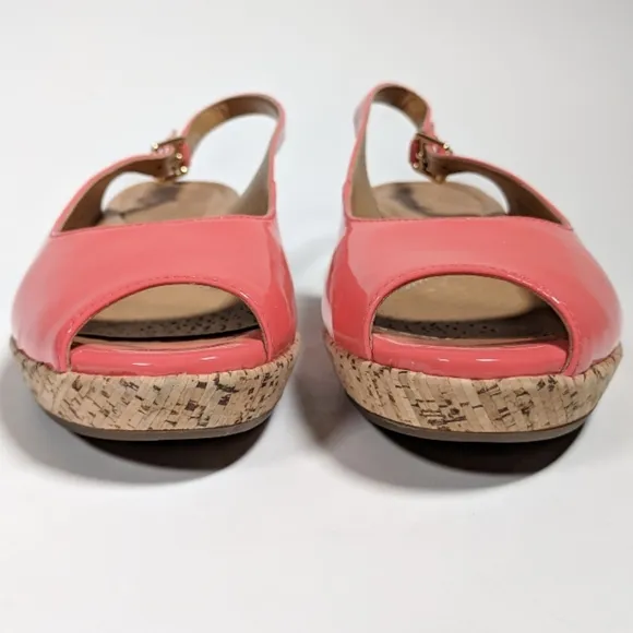 Clarks Orlena Currant Patent Leather Cork Wedge Sandal Sling Back Coral 6.5 NWOT
