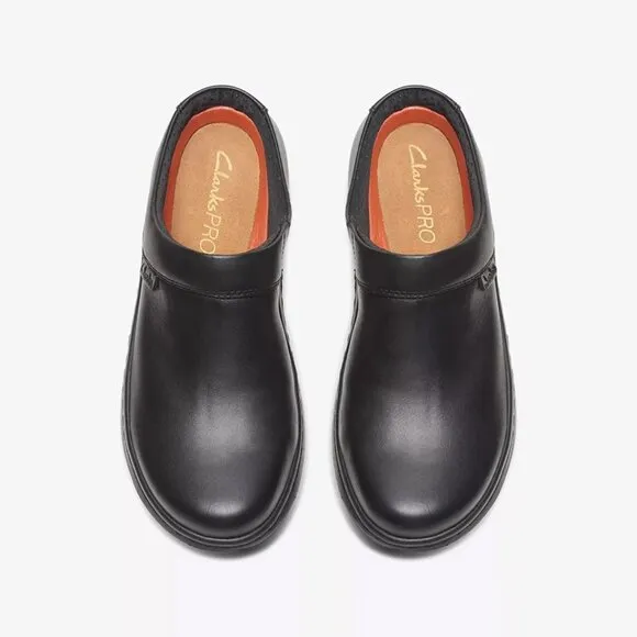 Clarks Womens ClarksPro Clog Slip-on Shoes - Black Leather NEW