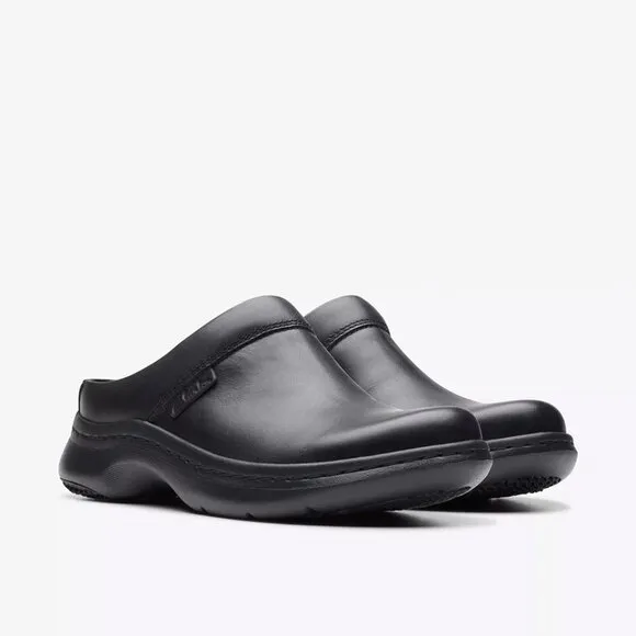 Clarks Womens ClarksPro Clog Slip-on Shoes - Black Leather NEW