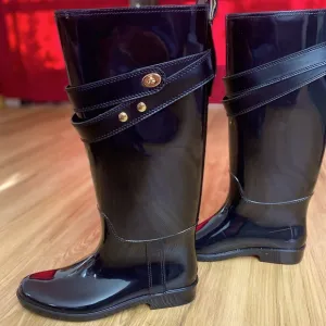 ❤️🥰Coach April Showers Bring May Flowers Talia Tall Shiny Black Gold Rain Boots