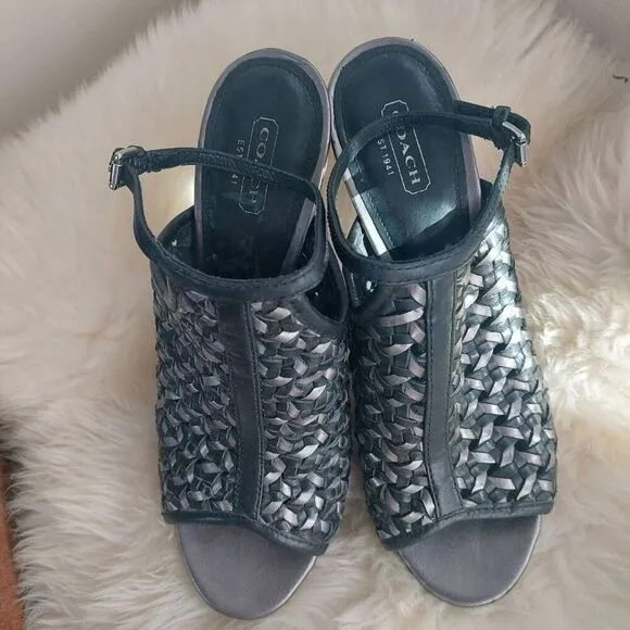 Coach Leela Leather Heels - Size 8.5 Black and Silver Woven Leather