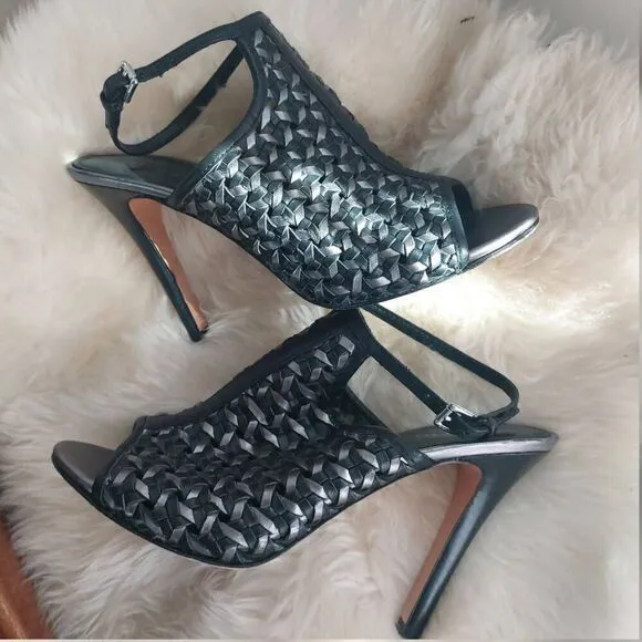 Coach Leela Leather Heels - Size 8.5 Black and Silver Woven Leather