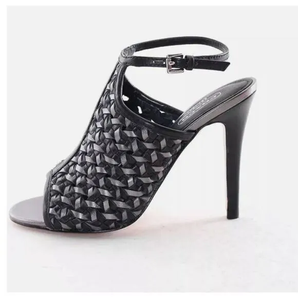 Coach Leela Leather Heels - Size 8.5 Black and Silver Woven Leather