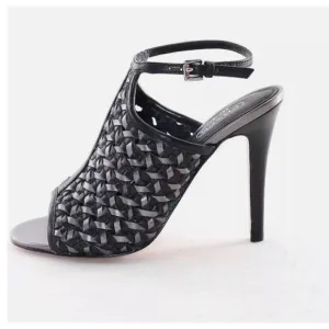 Coach Leela Leather Heels - Size 8.5 Black and Silver Woven Leather