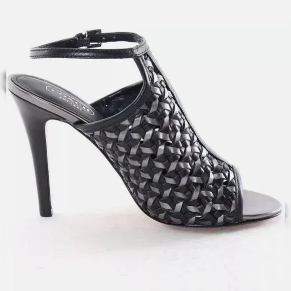 Coach Leela Leather Heels - Size 8.5 Black and Silver Woven Leather