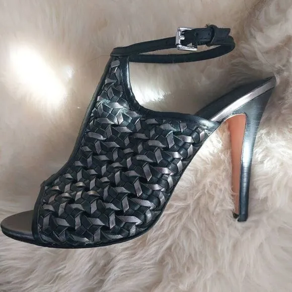 Coach Leela Leather Heels - Size 8.5 Black and Silver Woven Leather