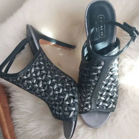 Coach Leela Leather Heels - Size 8.5 Black and Silver Woven Leather