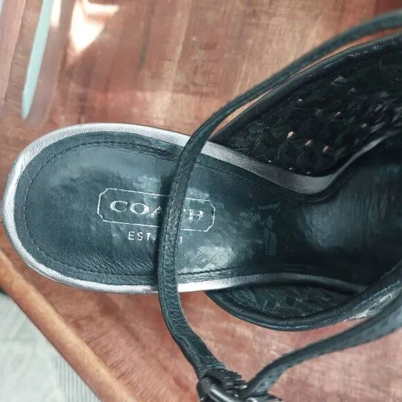 Coach Leela Leather Heels - Size 8.5 Black and Silver Woven Leather
