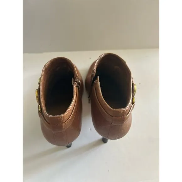 COACH Logo Salene Leather Boots Ankle Booties 3.5” Heels Size 7.5 Brown w/ gold