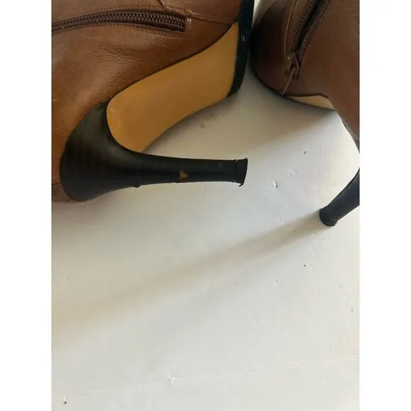 COACH Logo Salene Leather Boots Ankle Booties 3.5” Heels Size 7.5 Brown w/ gold