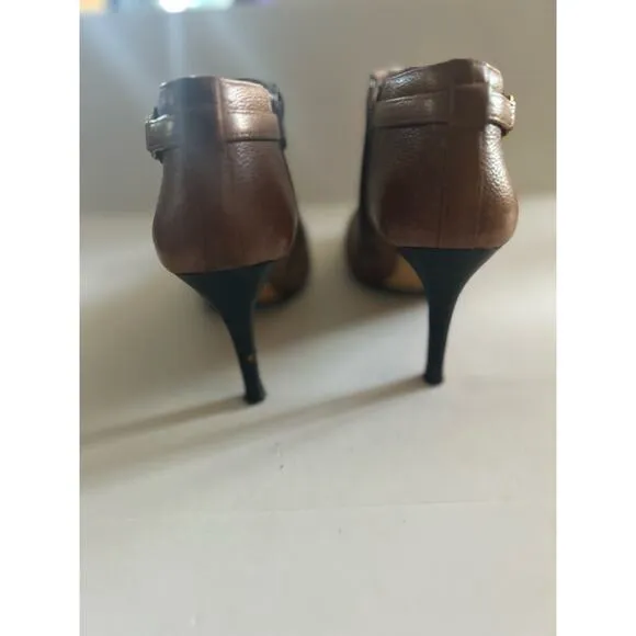 COACH Logo Salene Leather Boots Ankle Booties 3.5” Heels Size 7.5 Brown w/ gold