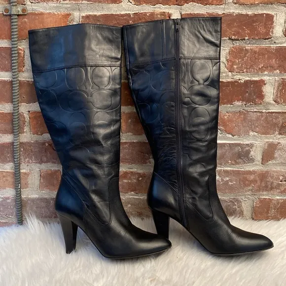 Coach Millie Black Leather Embossed Logo Tall Boots, Size 9.5B