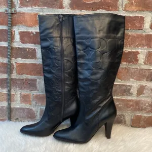 Coach Millie Black Leather Embossed Logo Tall Boots, Size 9.5B