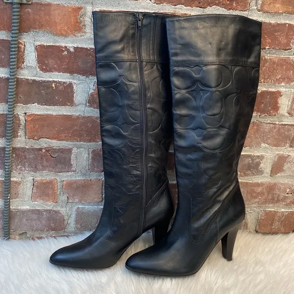 Coach Millie Black Leather Embossed Logo Tall Boots, Size 9.5B
