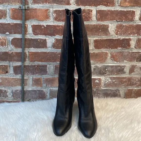 Coach Millie Black Leather Embossed Logo Tall Boots, Size 9.5B
