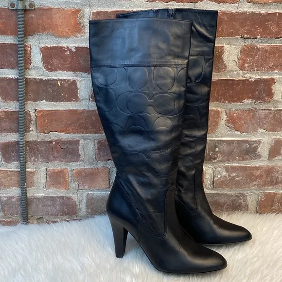 Coach Millie Black Leather Embossed Logo Tall Boots, Size 9.5B