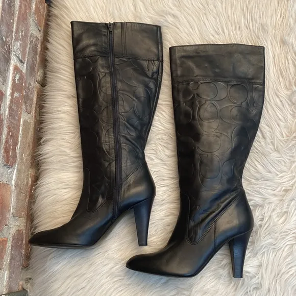 Coach Millie Black Leather Embossed Logo Tall Boots, Size 9.5B