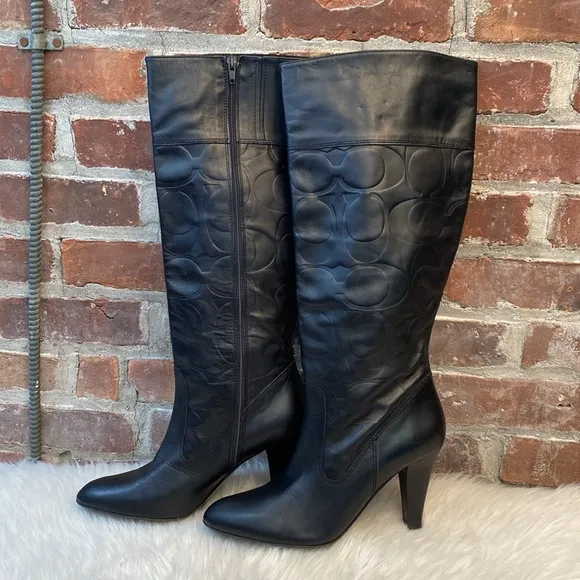 Coach Millie Black Leather Embossed Logo Tall Boots, Size 9.5B
